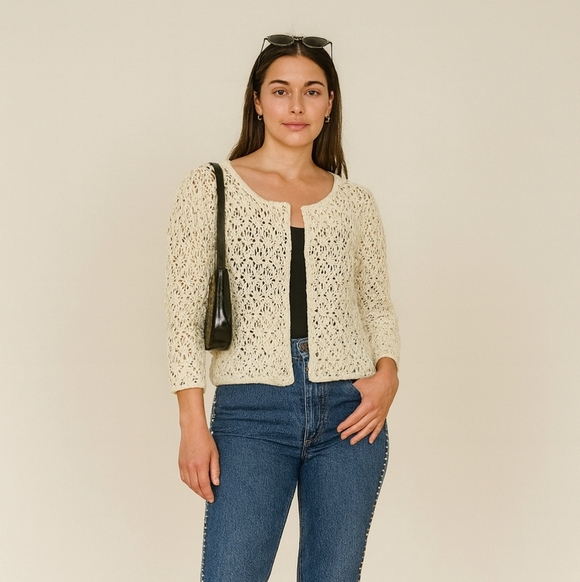 Cream Crocheted 3/4 Sleeve  Cardigan Top - Picture 1 of 8